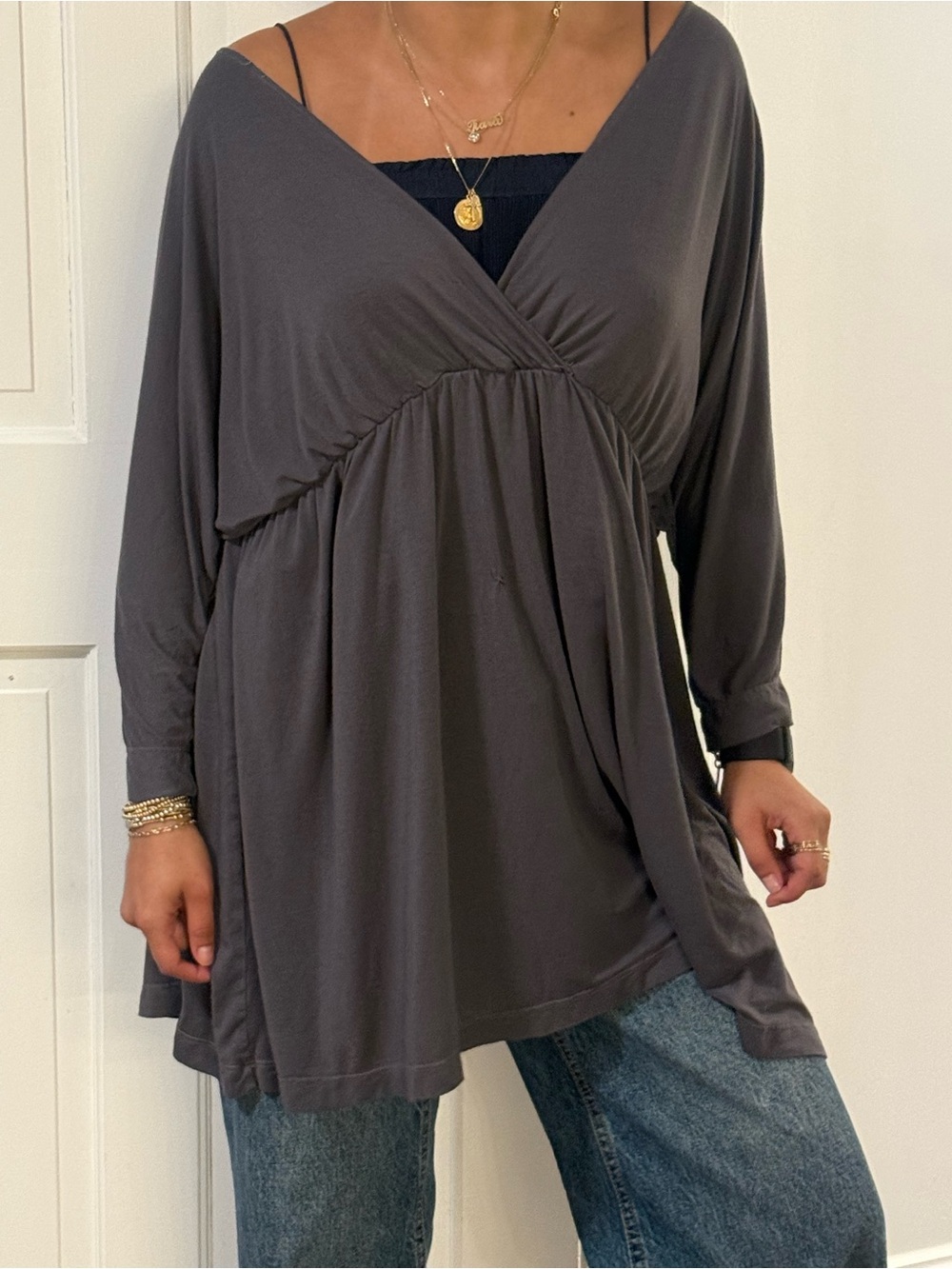 Green Dragon Charcoal Gray V-Neck Long Sleeve Tunic